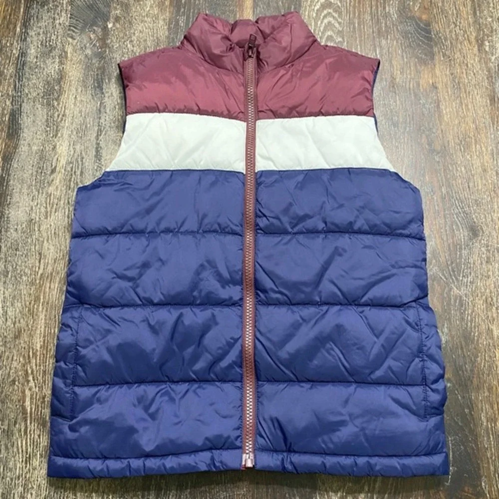Janie and Jack Navy Maroon‎ Striped Puffer Vest Boys Sz 7-8 Water Resistant